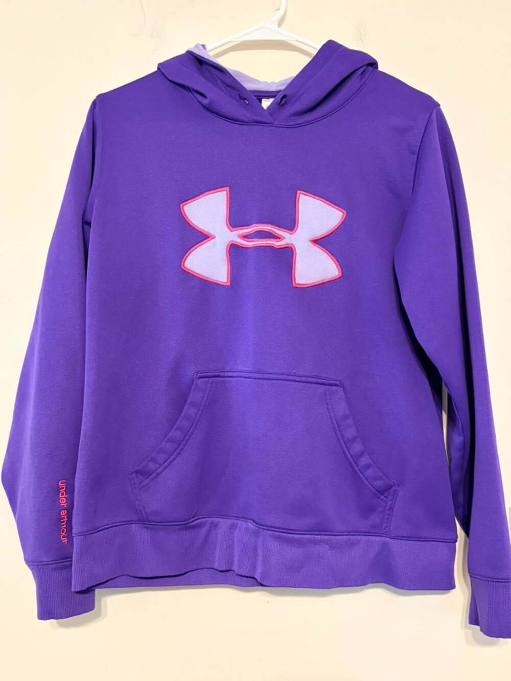 Women's Purple Pink Under Armour Logo HeatGear Hoodie Sweatshirt Size Medium